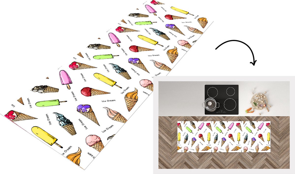 KitchenYeah Keukenloper - Loper keuken - IJshoorntjes - IJs - Patroon - 180x60 cm - Keukenloper vinyl Multicolor