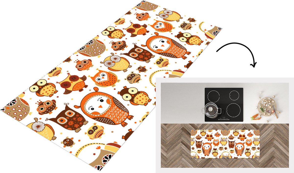 KitchenYeah Keukenloper - Loper keuken - Meisjes - Uil - Oranje - Patronen - Keukenloper vinyl Multicolor