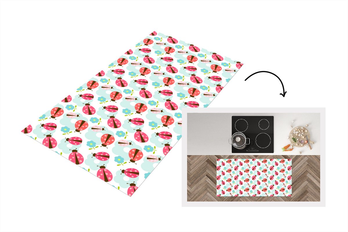 KitchenYeah Keukenloper - Loper keuken - Meiden - Lieveheersbeestje - Bloemen - Patronen - 120x60 cm - Keukenloper vinyl Multicolor