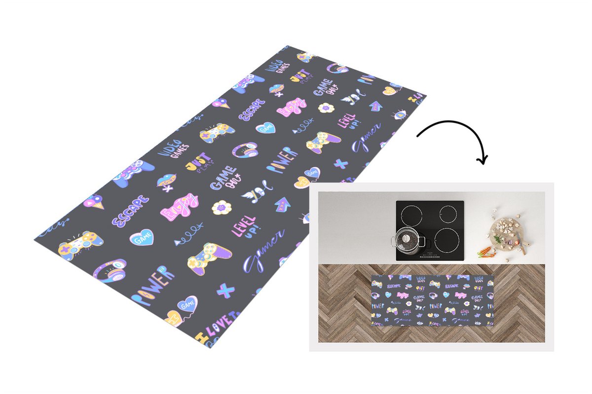 KitchenYeah Keukenloper - Loper keuken - Meisjes - Gaming - Console - Patronen - 120x50 cm - Keukenloper vinyl Multicolor