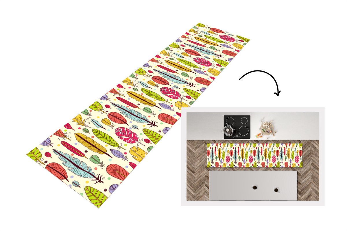 KitchenYeah Keukenloper - Loper keuken - Patroon - Veren - Kleuren - 240x60 cm - Keukenloper vinyl Multicolor