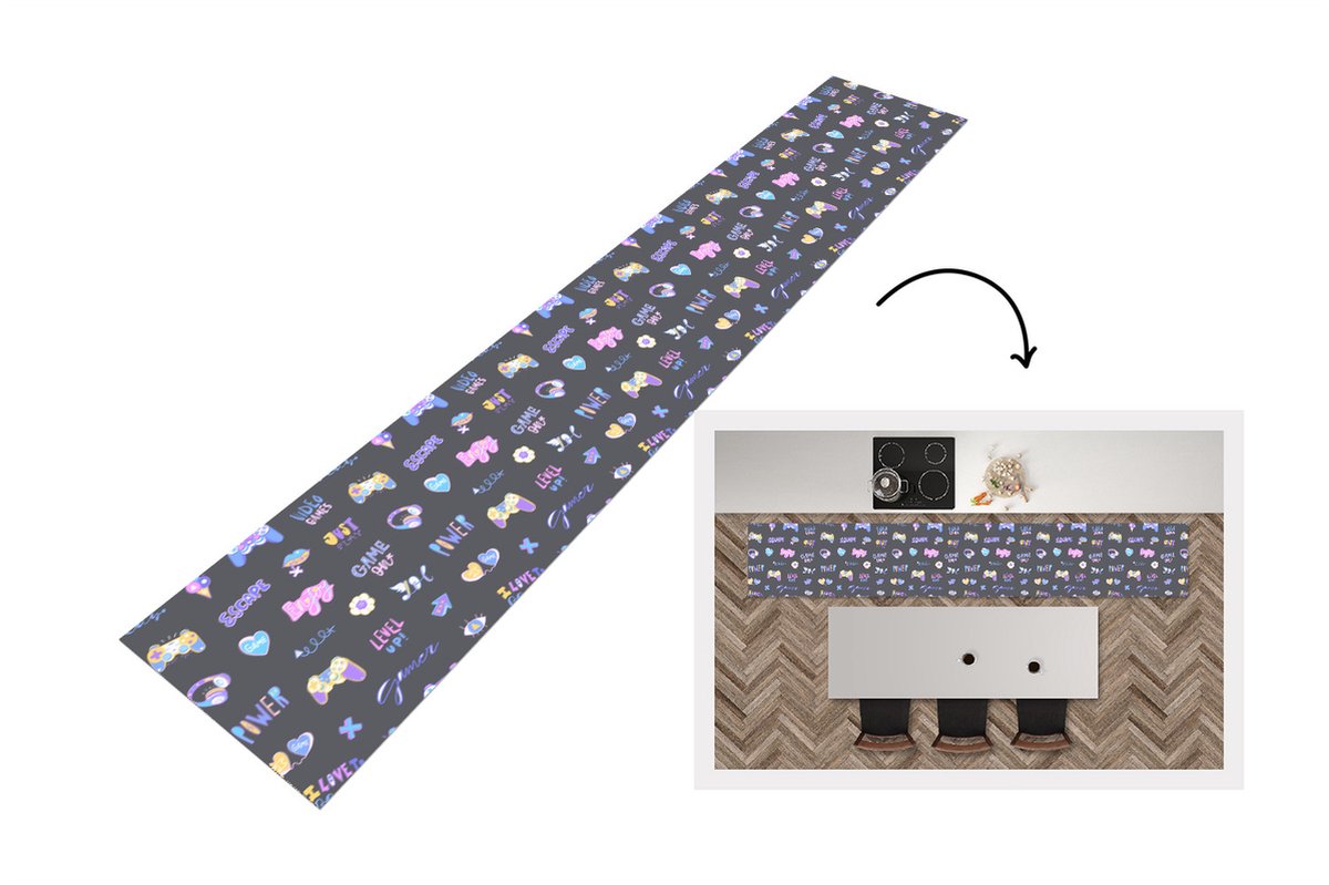 KitchenYeah Keukenloper - Loper keuken - Meisjes - Gaming - Console - Patronen - 300x50 cm - Keukenloper vinyl Multicolor