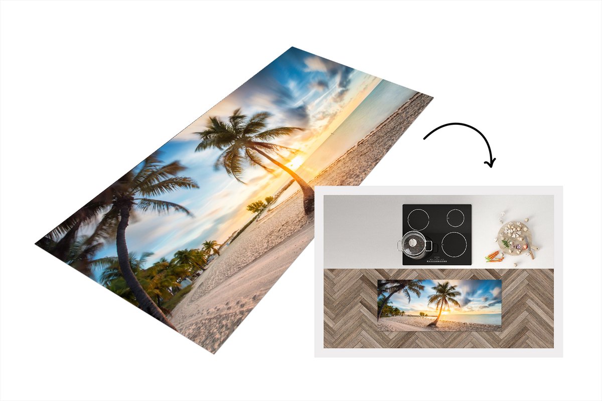 KitchenYeah Keukenloper - Loper keuken - Zonsondergang - Strand - Palmboom - 120x50 cm - Keukenloper vinyl Multicolor
