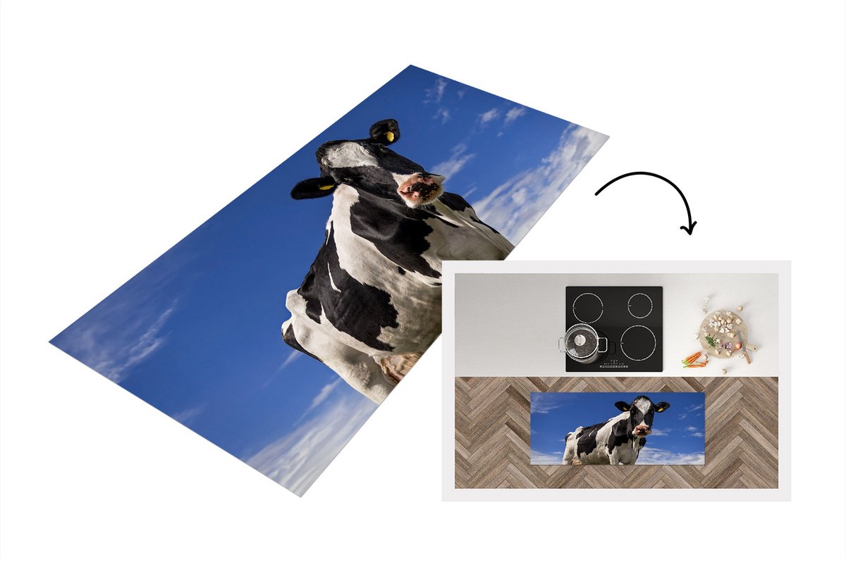 KitchenYeah Keukenloper - Loper keuken - Koe - Gras - Blauw - Dieren - 120x50 cm - Keukenloper vinyl Multicolor