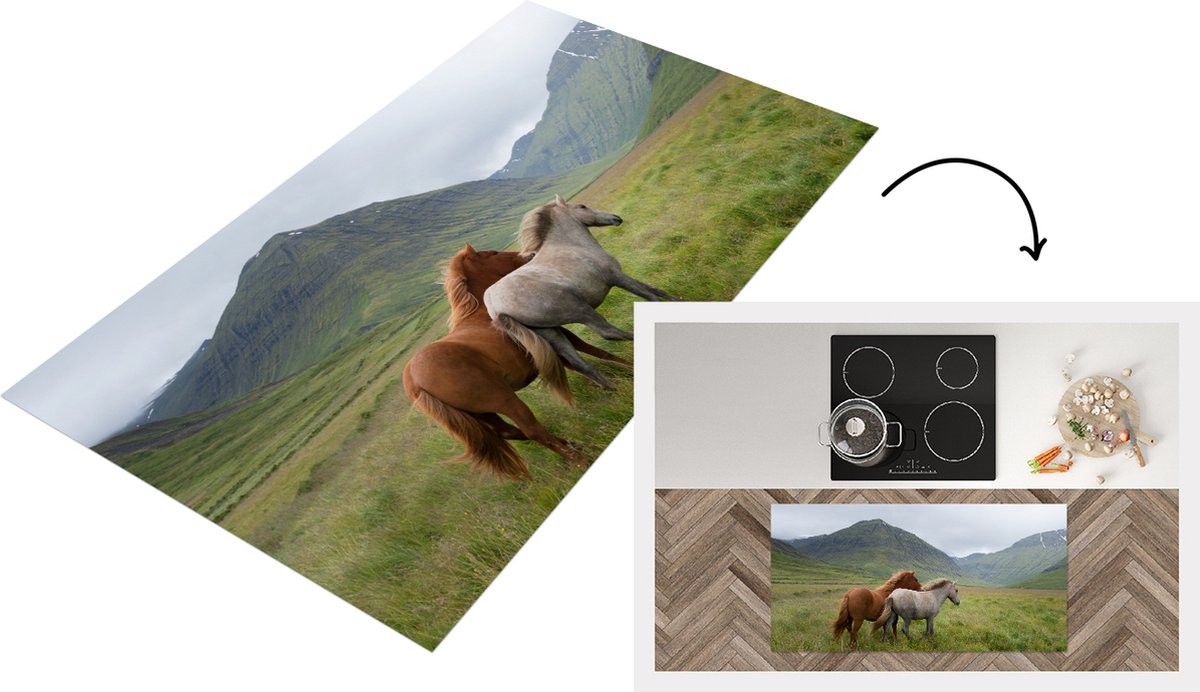 KitchenYeah Keukenloper - Loper keuken - Paarden - Gras - Bergen - 120x60 cm - Keukenloper vinyl Multicolor
