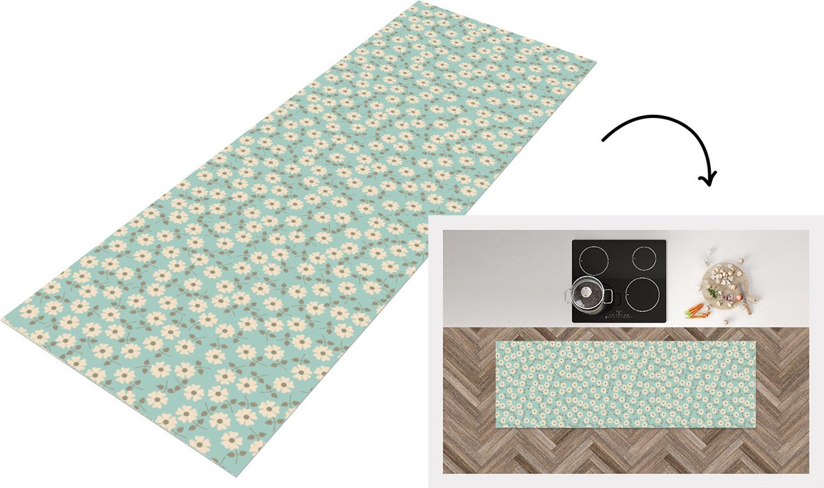KitchenYeah Keukenloper - Loper keuken - Patroon - Madeliefjes - Nordic - 150x50 cm - Keukenloper vinyl Multicolor