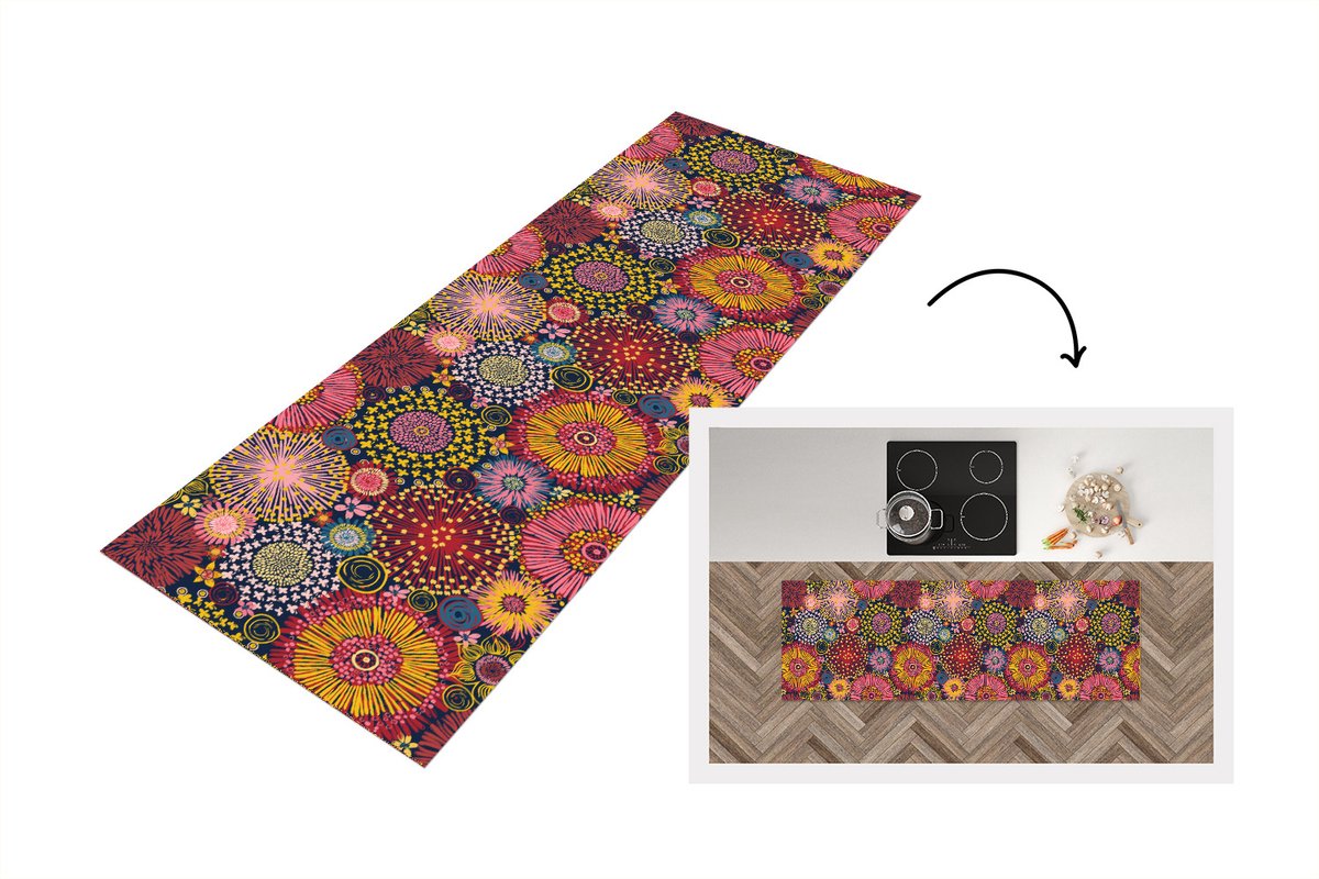 KitchenYeah Keukenloper - Loper keuken - Bloemen - Patroon - Lijn - 150x50 cm - Keukenloper vinyl Multicolor