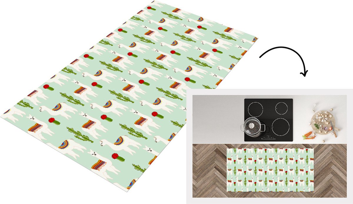 KitchenYeah Keukenloper - Loper keuken - Lama - Cactus - Patronen - 120x60 cm - Keukenloper vinyl Multicolor