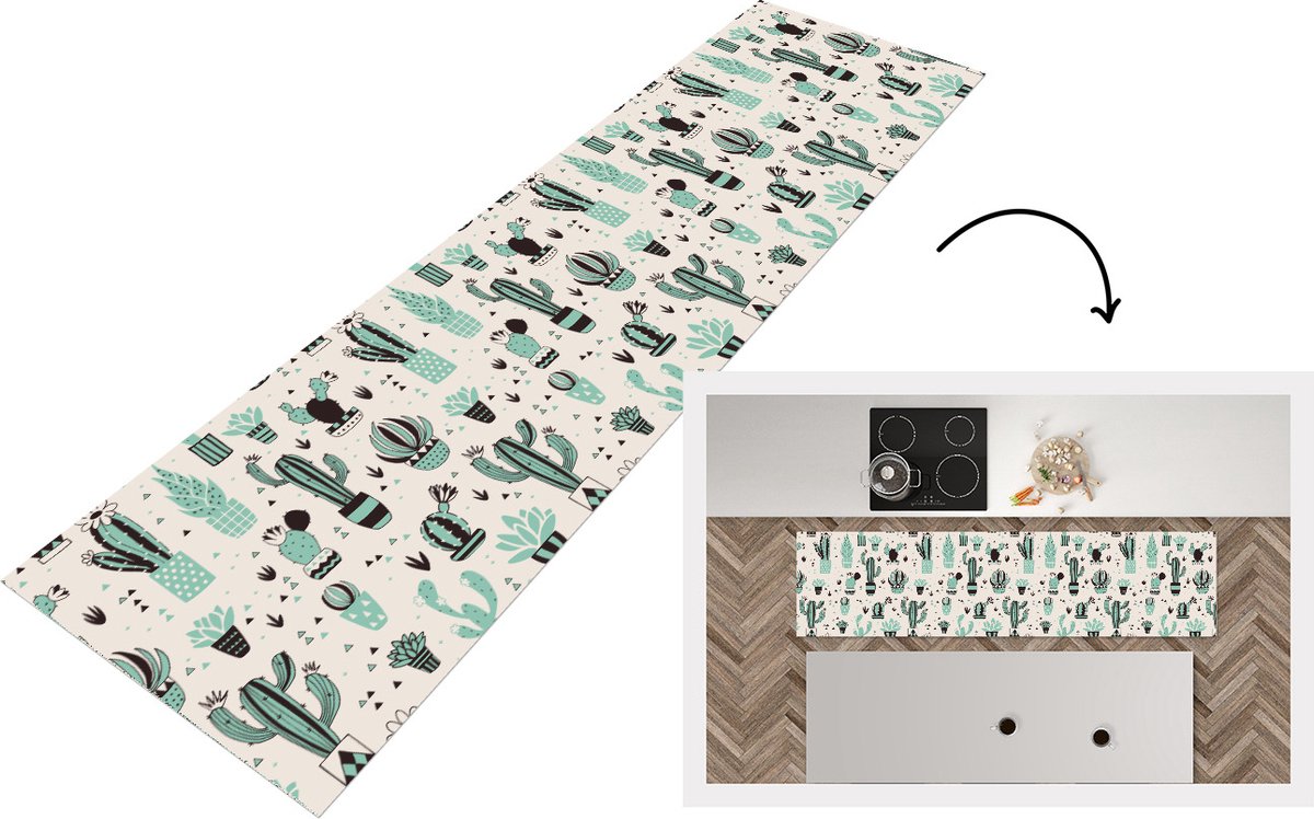 KitchenYeah Keukenloper - Loper keuken - Patroon - Cactus - Pot - 240x60 cm - Keukenloper vinyl Multicolor