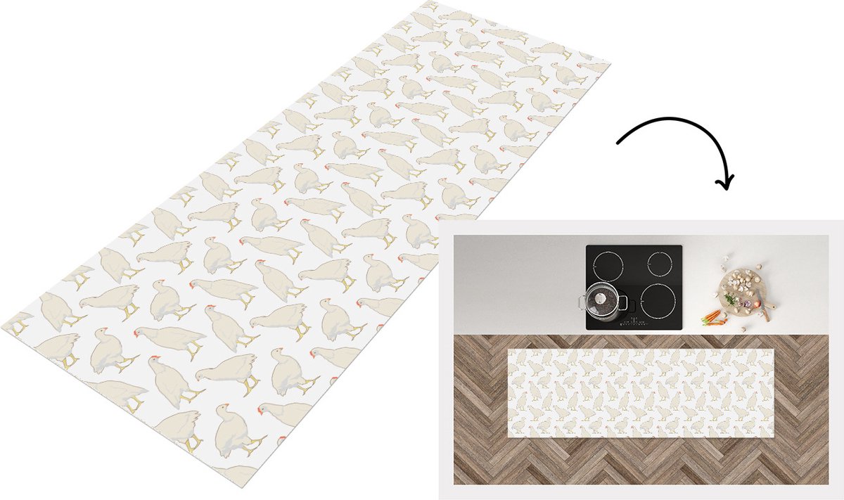 KitchenYeah Keukenloper - Loper keuken - Vogel - Kippen - Patronen - 150x50 cm - Keukenloper vinyl Multicolor
