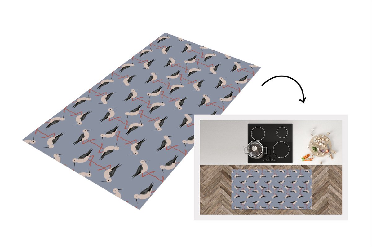 KitchenYeah Keukenloper - Loper keuken - Vogel - Ooievaar - Patroon - 120x60 cm - Keukenloper vinyl Multicolor