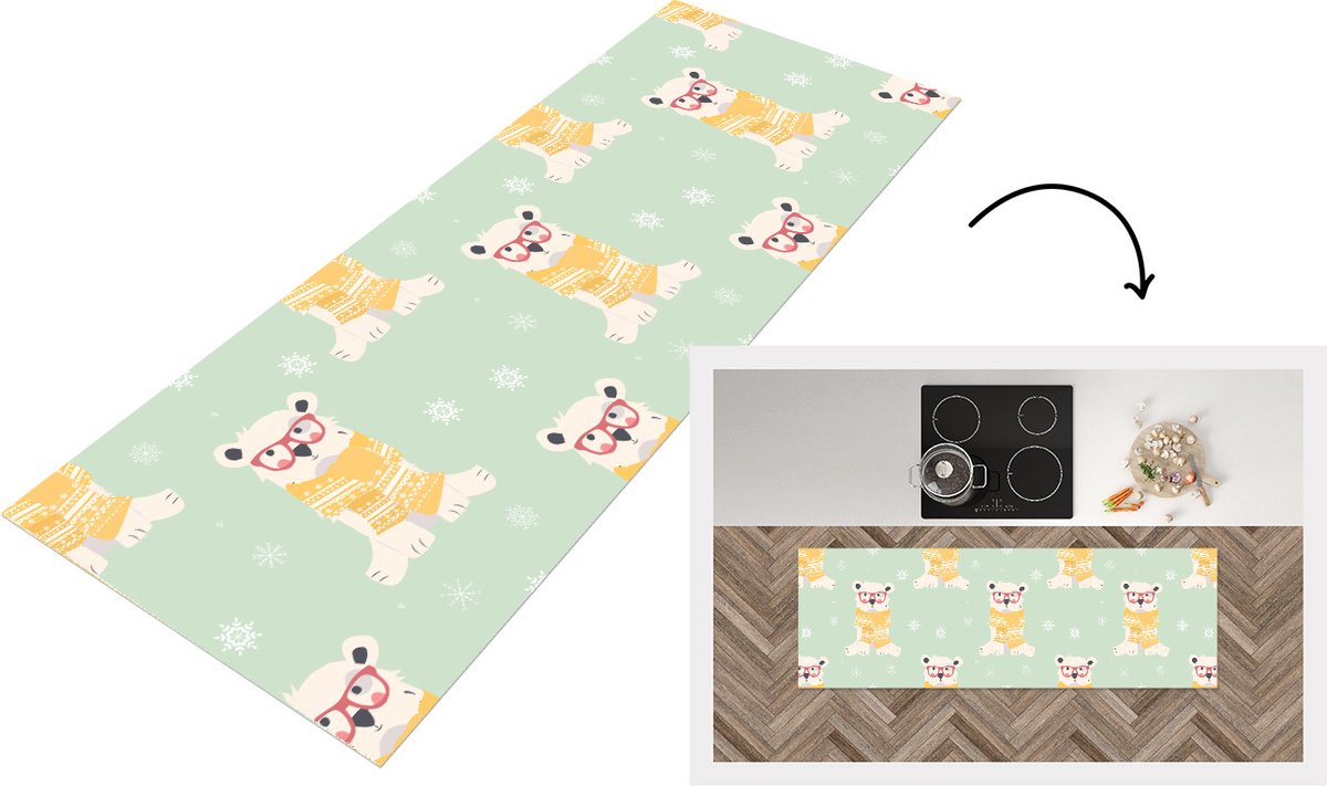 KitchenYeah Keukenloper - Loper keuken - IJsbeer - Patroon - Sjaal - 180x60 cm - Keukenloper vinyl Multicolor
