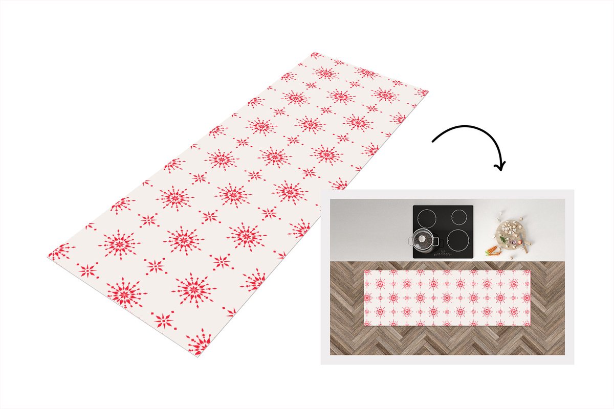 KitchenYeah Keukenloper - Loper keuken - Sterren - Rood - Winter - Kerst - Patronen - 180x60 cm - Keukenloper vinyl Multicolor
