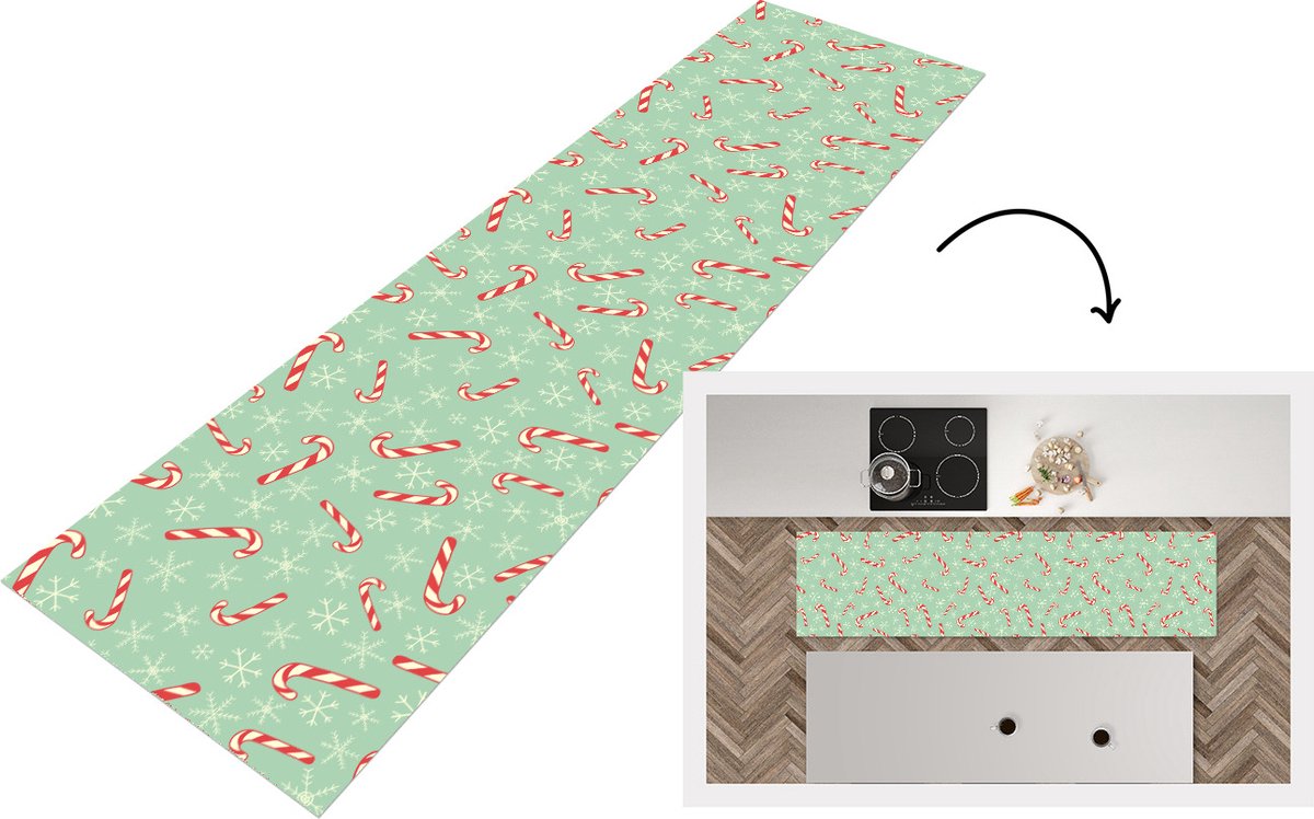 KitchenYeah Keukenloper - Loper keuken - Zuurstok - Kerst - Sneeuwvlok - Patronen - 200x50 cm - Keukenloper vinyl Multicolor