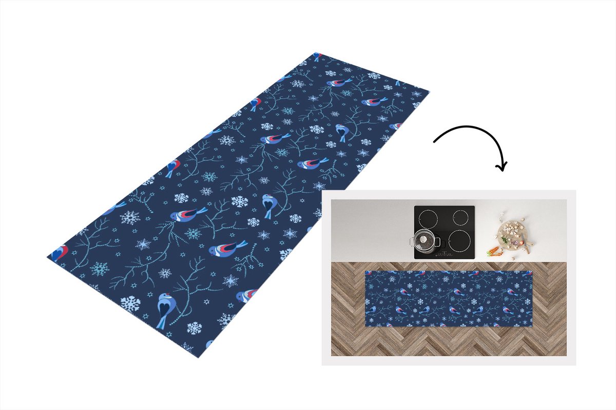 KitchenYeah Keukenloper - Loper keuken - Vogel - Sneeuwvlok - Winter - Patronen - 180x60 cm - Keukenloper vinyl Multicolor