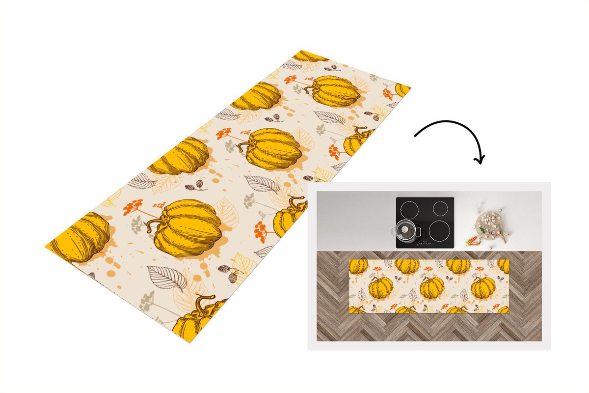 KitchenYeah Keukenloper - Loper keuken - Pompoen - Herfst - Patronen - 180x60 cm - Keukenloper vinyl Multicolor