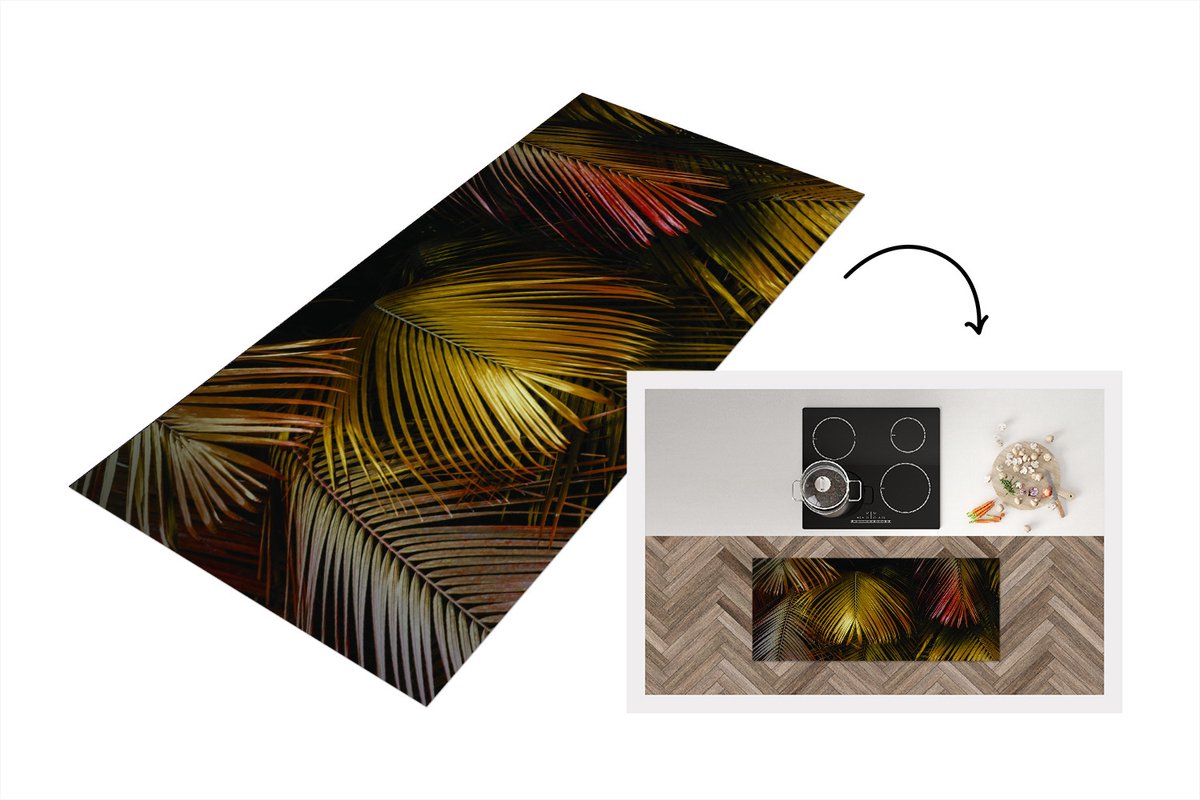 KitchenYeah Keukenloper - Loper keuken - Jungle - Goud - Palmblad - Keukenloper vinyl Multicolor