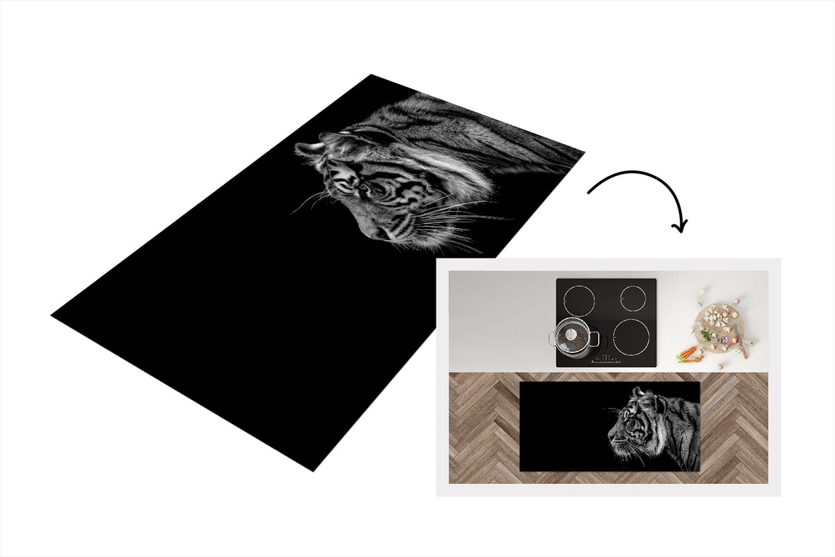 KitchenYeah Keukenloper - Loper keuken - Tijger op zwarte achtergrond in zwart-wit - 120x60 cm - Keukenloper vinyl Zwart; Wit