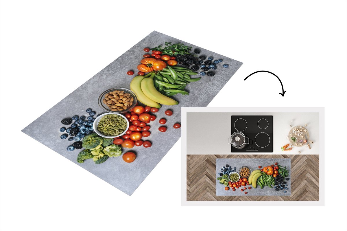 KitchenYeah Keukenloper - Loper keuken - Groente - Fruit - Grijs - 120x60 cm - Keukenloper vinyl Multicolor