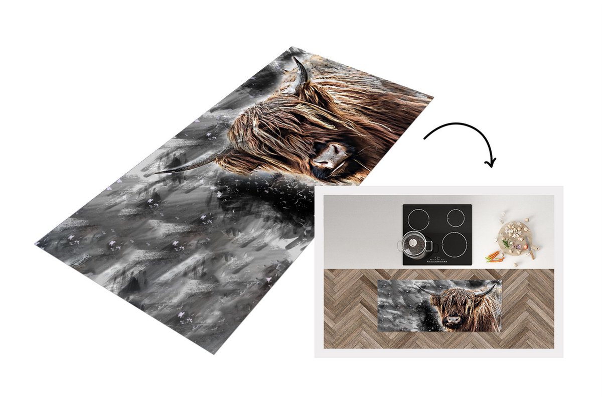 KitchenYeah Keukenloper - Loper keuken - Schotse hooglander - Dieren - Zwart - 120x50 cm - Keukenloper vinyl Multicolor
