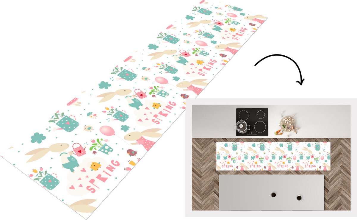 KitchenYeah Keukenloper - Loper keuken - Patroon - Pasen - Lente - 240x60 cm - Keukenloper vinyl Multicolor