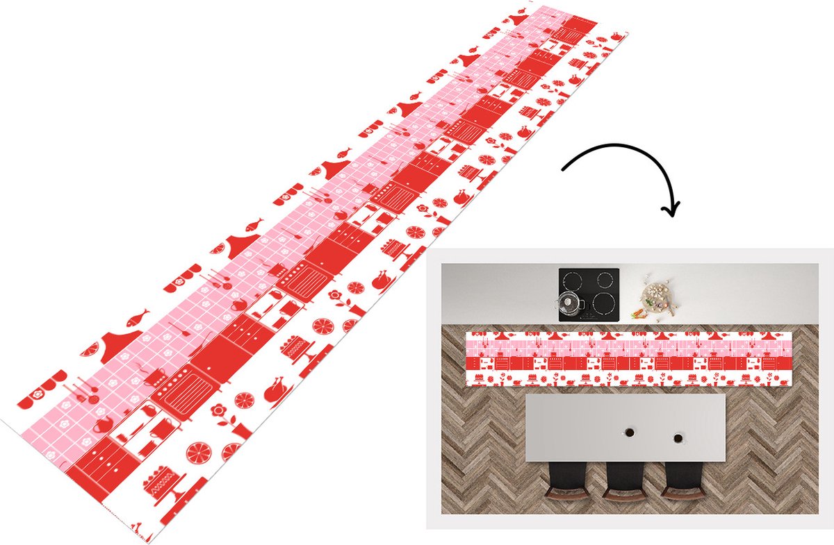 KitchenYeah Keukenloper - Loper keuken - Patronen - Pannen - Design - Huis - Roze - 300x50 cm - Keukenloper vinyl Multicolor