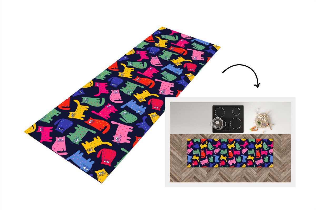 KitchenYeah Keukenloper - Loper keuken - Patronen - Kat - Regenboog - 150x50 cm - Keukenloper vinyl Multicolor