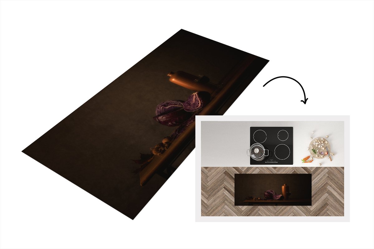 KitchenYeah Keukenloper - Loper keuken - Stilleven - Rode Kool - Tafel - Schilderij - Vaas - Donker - Kunst - 120x50 cm - Keukenloper vinyl Multicolor