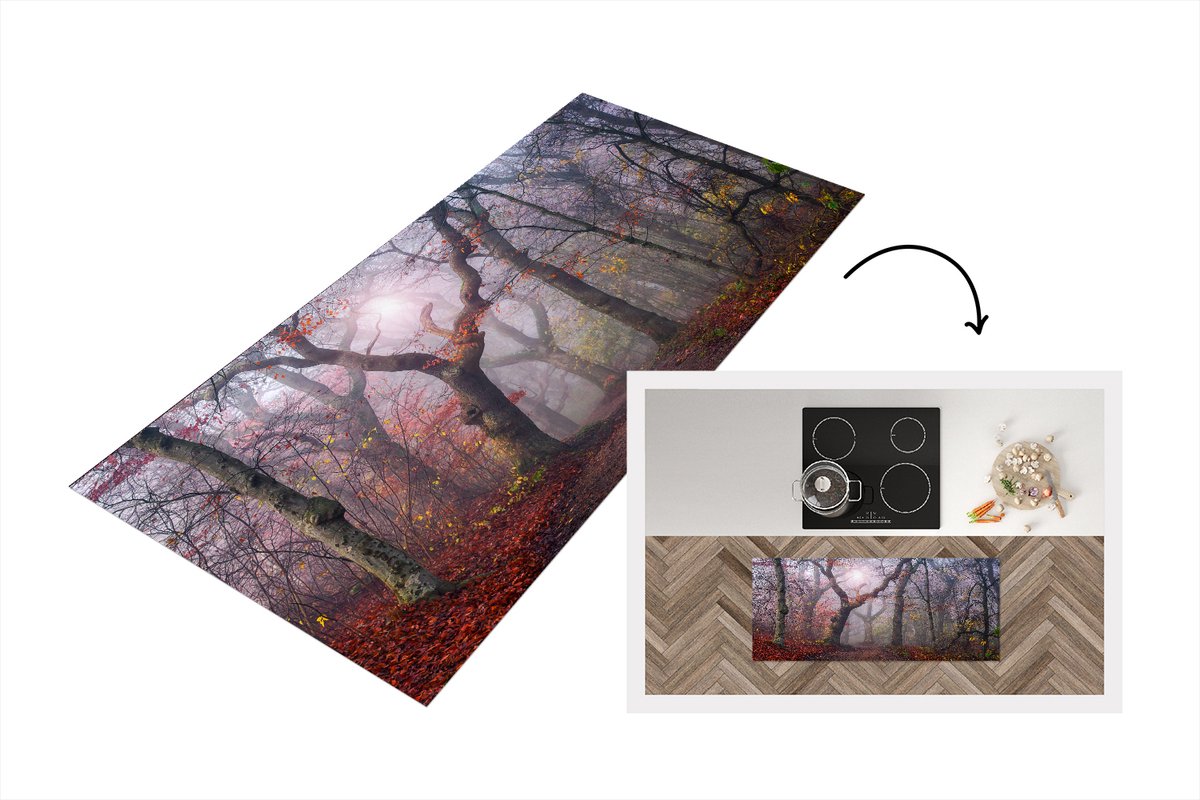 KitchenYeah Keukenloper - Loper keuken - Bladeren - Zon - Bos - Bospad - Natuur - 120x50 cm - Keukenloper vinyl Multicolor