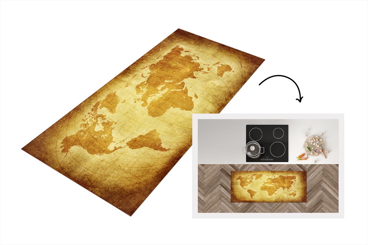 KitchenYeah Keukenloper - Loper keuken - Wereldkaart - Vintage - Bruin - Keukenloper vinyl Multicolor