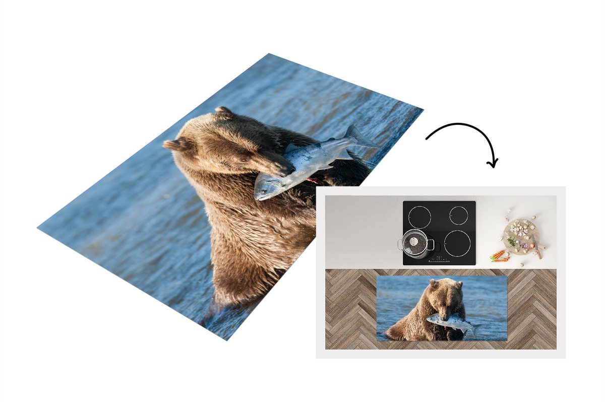 KitchenYeah Keukenloper - Loper keuken - Beer - Bruin - Vis - 120x60 cm - Keukenloper vinyl Multicolor