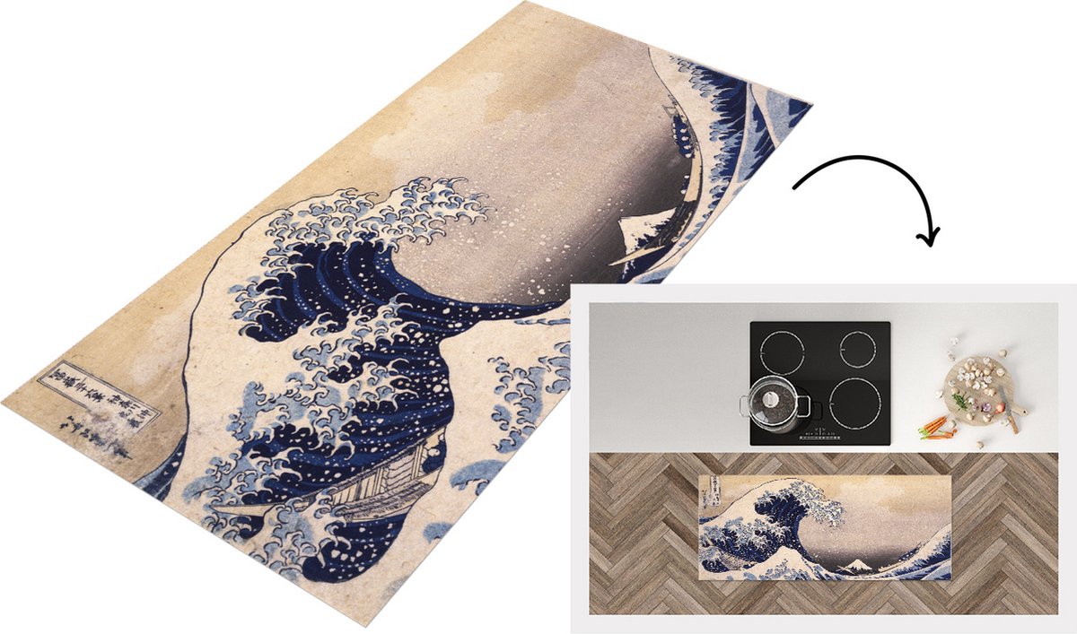 KitchenYeah Keukenloper - Loper keuken - De grote golf van Kanagawa - schilderij van Katsushika Hokusai - 120x50 cm - Keukenloper vinyl Multicolor