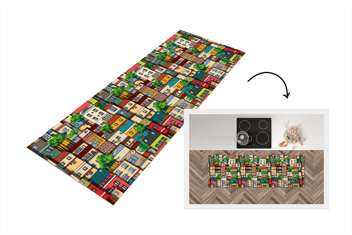 KitchenYeah Keukenloper - Loper keuken - Patronen - Huis - Boom - 180x60 cm - Keukenloper vinyl Multicolor