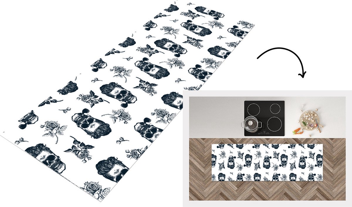 KitchenYeah Keukenloper - Loper keuken - Patronen - Schedel - Rozen - Piraten - 180x60 cm - Keukenloper vinyl Multicolor