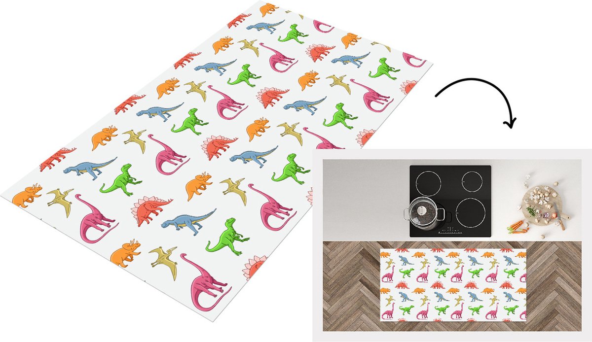 KitchenYeah Keukenloper - Loper keuken - Patronen - Dino - Kinderen - 120x60 cm - Keukenloper vinyl Multicolor