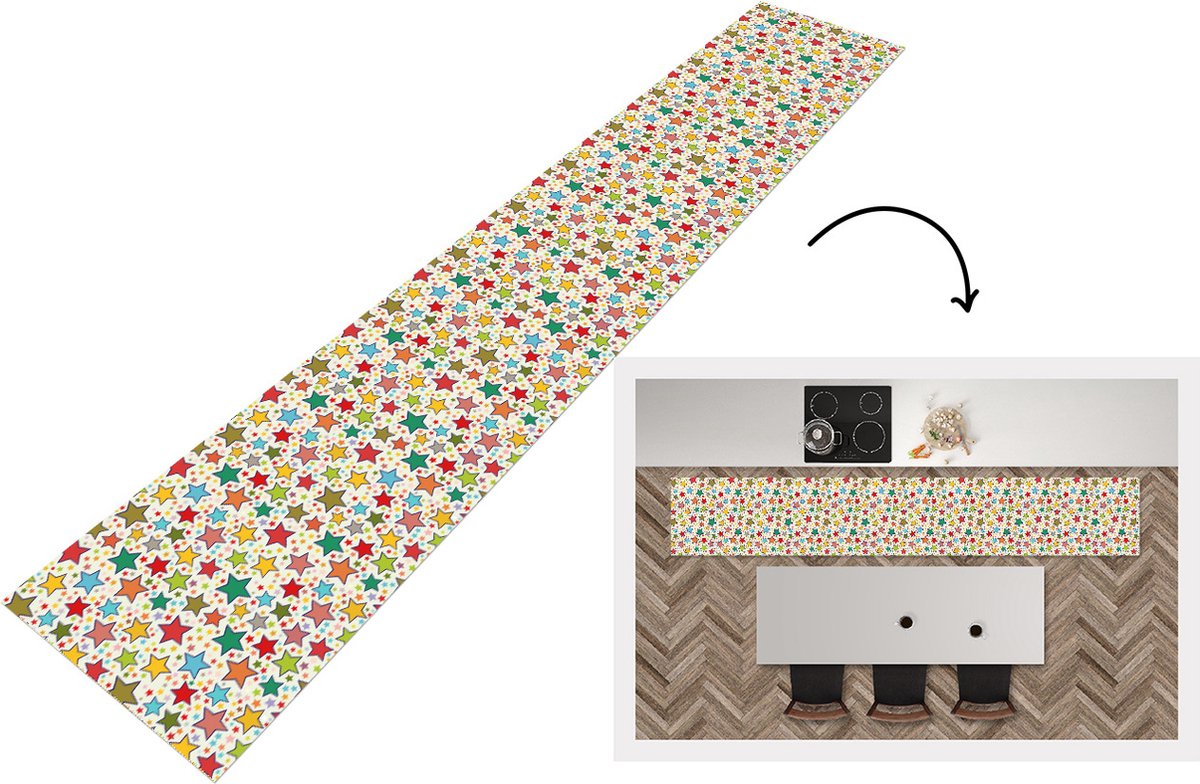 KitchenYeah Keukenloper - Loper keuken - Patronen - Sterren - Kleuren - 300x50 cm - Keukenloper vinyl Multicolor
