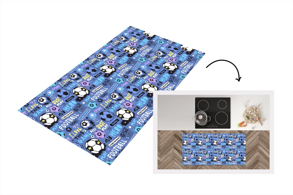 Keukenloper - Loper keuken - Patronen - Voetbal - Blauw - 120x60 cm - Keukenloper vinyl
