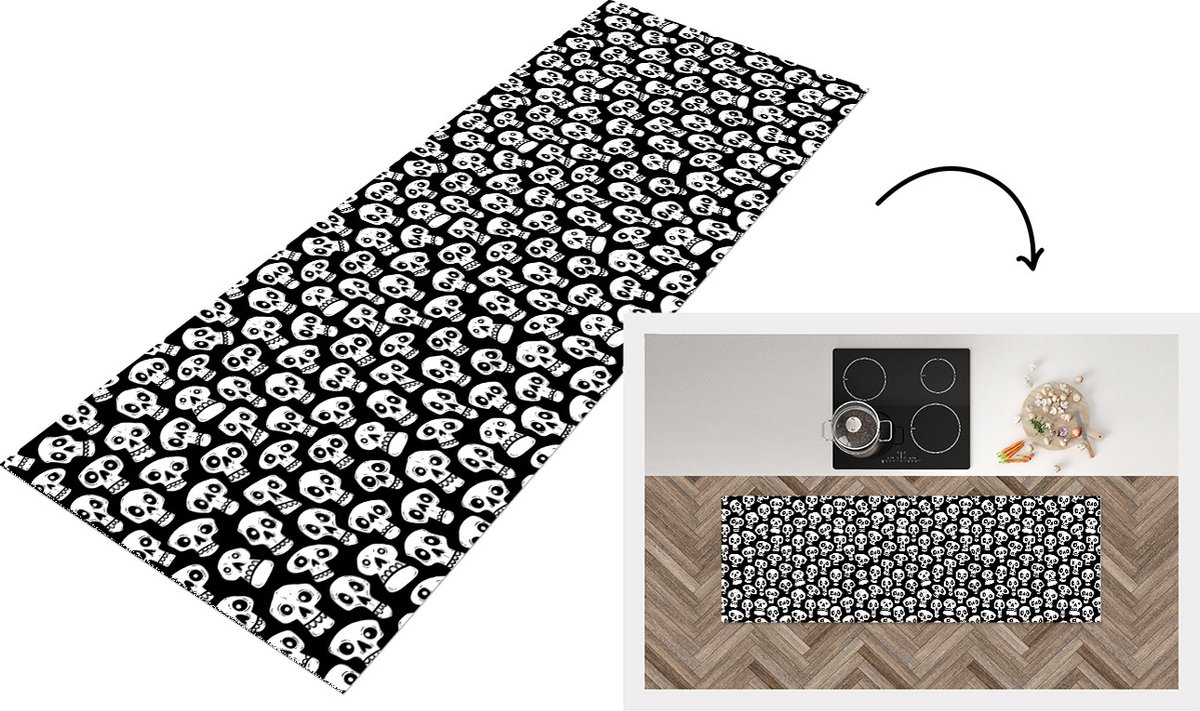 KitchenYeah Keukenloper - Loper keuken - Patronen - Skull - Zwart Wit - 150x50 cm - Keukenloper vinyl Zwart; Wit