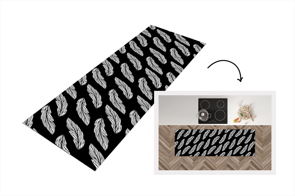 KitchenYeah Keukenloper - Loper keuken - Patroon - Veren - Zwart Wit - 180x60 cm - Keukenloper vinyl Zwart; Wit