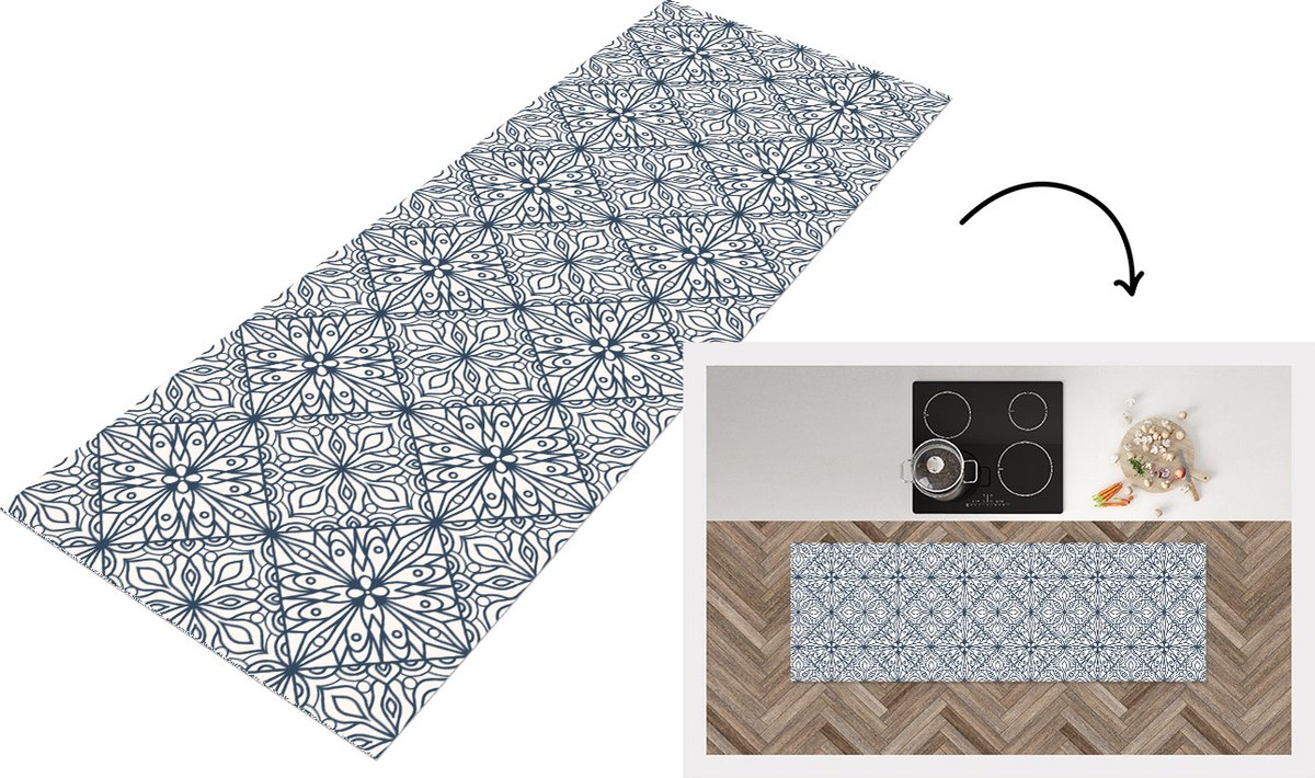 Keukenloper - Loper keuken - Patronen - Ruit - Zwart - Wit - 180x60 cm - Keukenloper vinyl