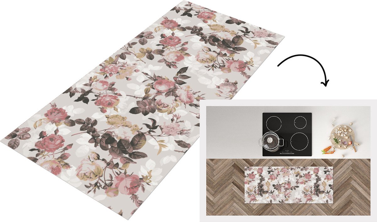 KitchenYeah Keukenloper - Loper keuken - Patroon - Bloem - Roze - 120x50 cm - Keukenloper vinyl Multicolor
