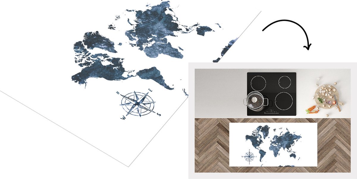 KitchenYeah Keukenloper - Loper keuken - Wereldkaart - Aquarelverf - Windroos - 120x60 cm - Keukenloper vinyl Multicolor