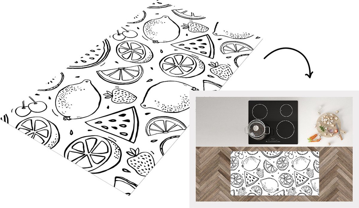 KitchenYeah Keukenloper - Loper keuken - Fruit - Zwart - Wit - Patronen - 120x60 cm - Keukenloper vinyl Multicolor