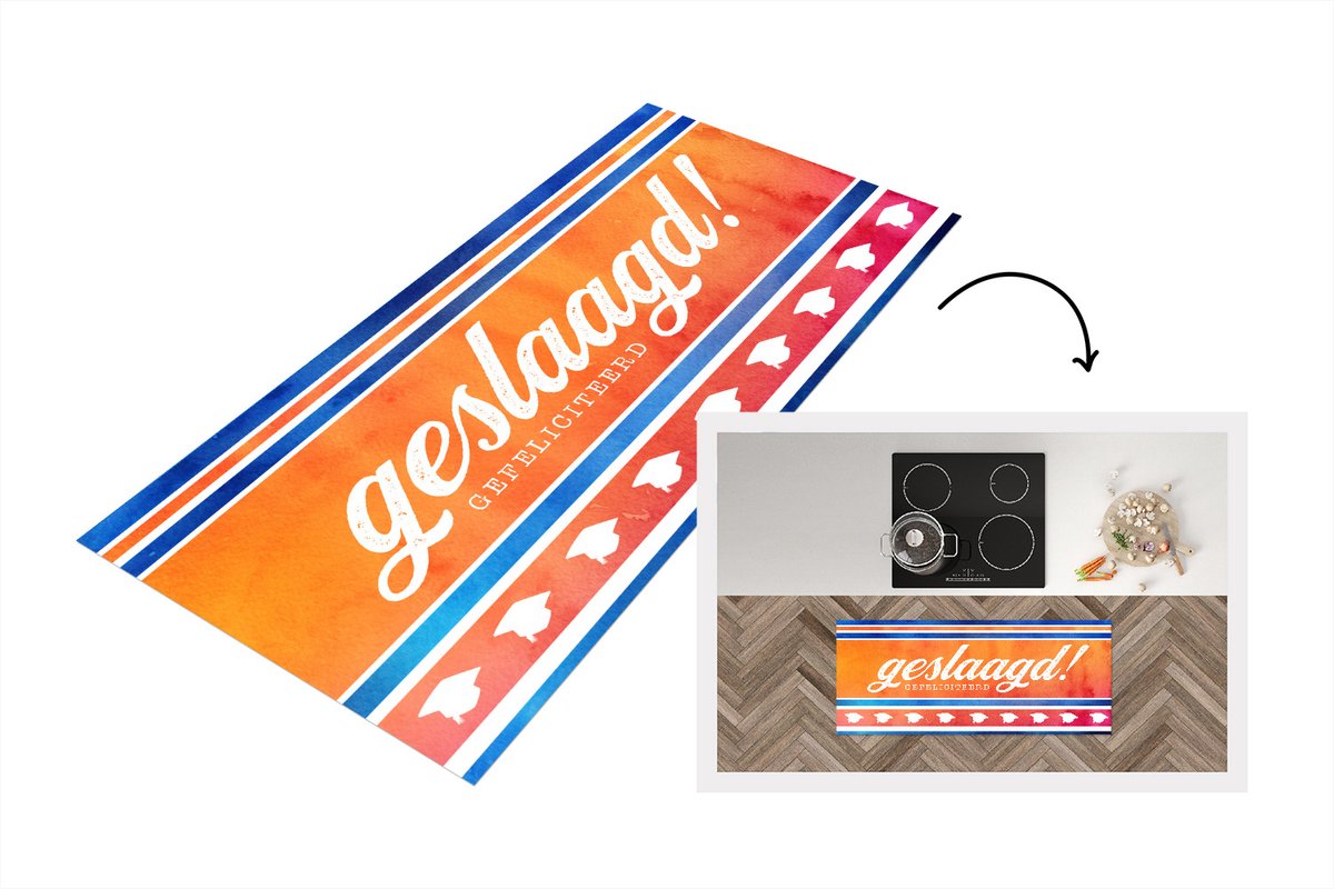 KitchenYeah Keukenloper - Loper keuken - Geslaagd - Oranje - Afstudeerhoed - 120x50 cm - Keukenloper vinyl Multicolor