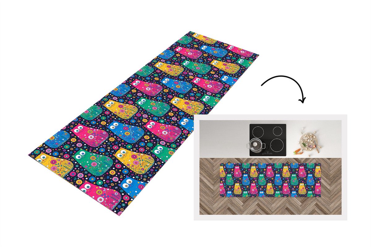 KitchenYeah Keukenloper - Loper keuken - Kat - Regenboog - Bloemen - 180x60 cm - Keukenloper vinyl Multicolor