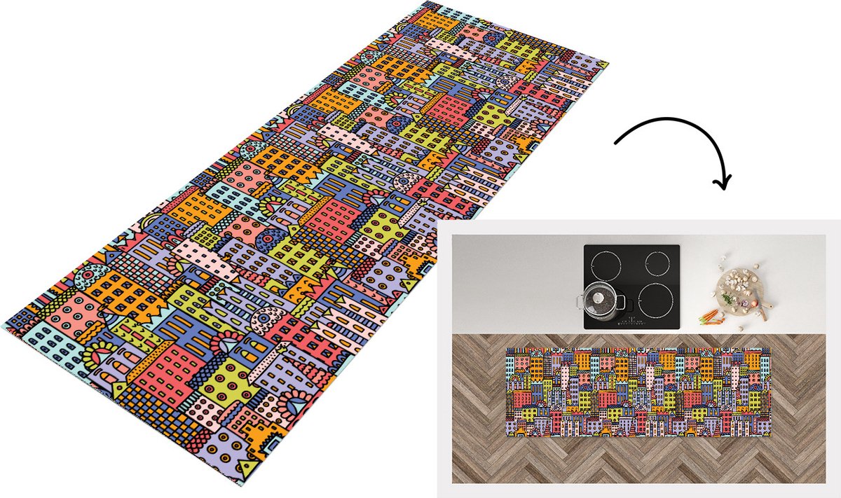 KitchenYeah Keukenloper - Loper keuken - Huis - Regenboog - Patroon - 180x60 cm - Keukenloper vinyl Multicolor