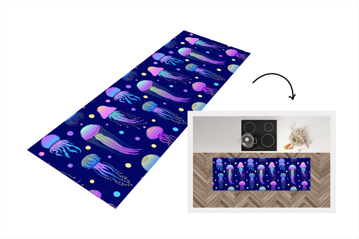 KitchenYeah Keukenloper - Loper keuken - Kwallen - Patronen - Zeedieren - Neon - 180x60 cm - Keukenloper vinyl Multicolor