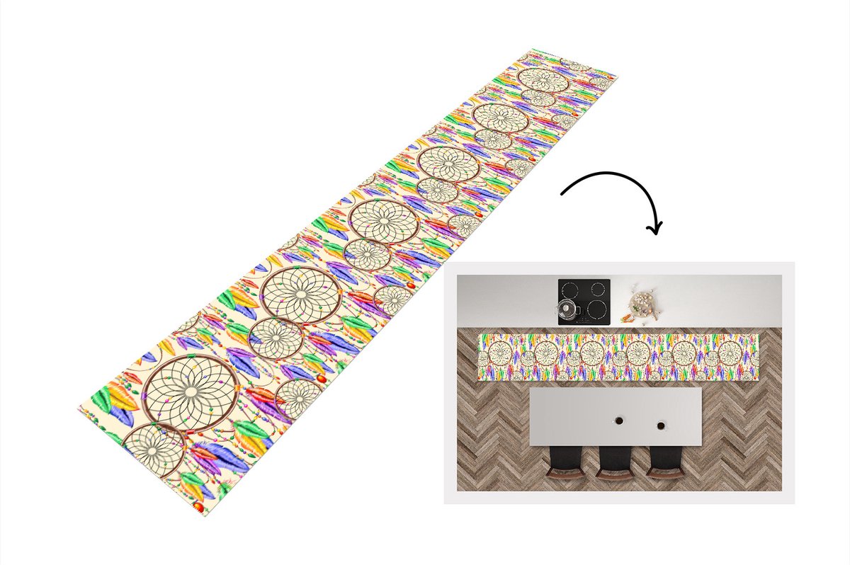 KitchenYeah Keukenloper - Loper keuken - Dromenvanger - Veren - Patronen - 300x50 cm - Keukenloper vinyl Multicolor