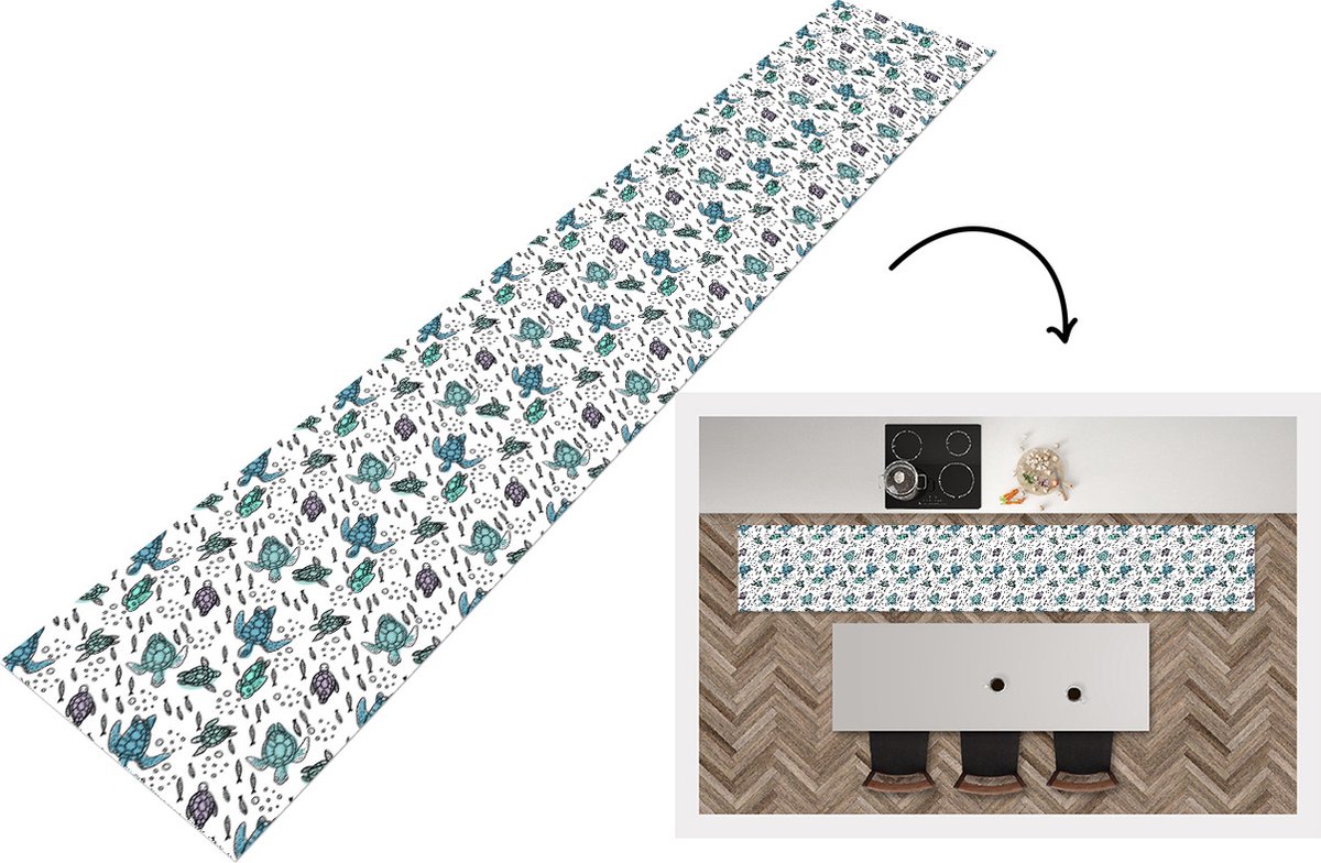 KitchenYeah Keukenloper - Loper keuken - Patronen - Schildpad - Vissen - 300x50 cm - Keukenloper vinyl Multicolor