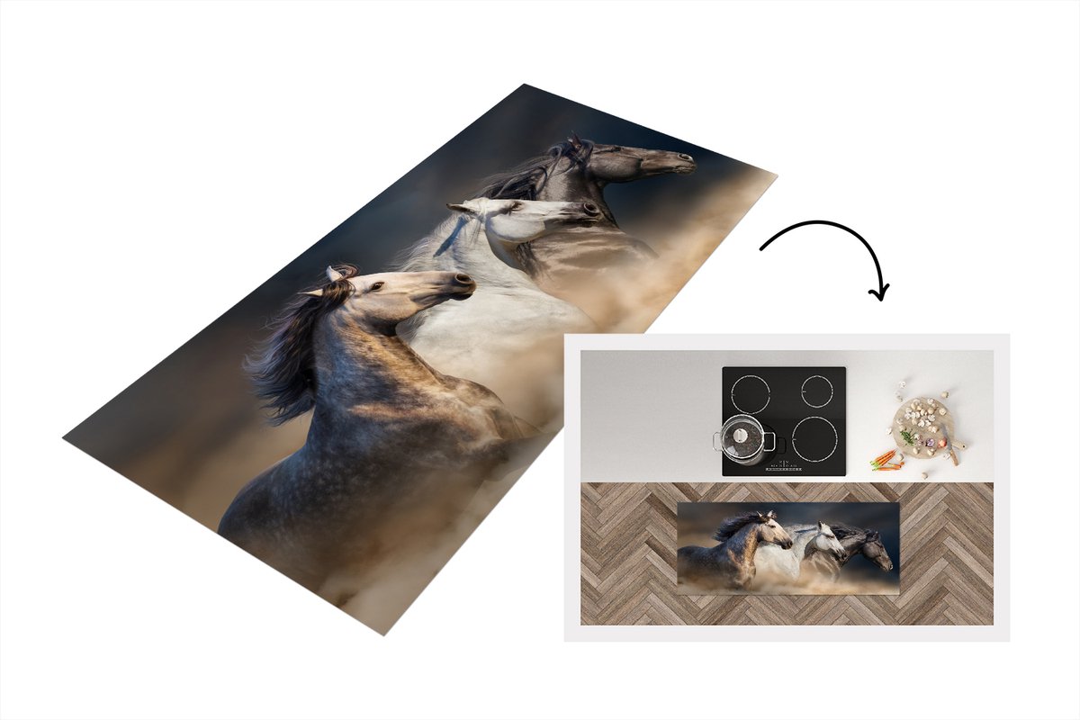 KitchenYeah Keukenloper - Loper keuken - Paarden - Zand - Stof - 120x50 cm - Keukenloper vinyl Multicolor